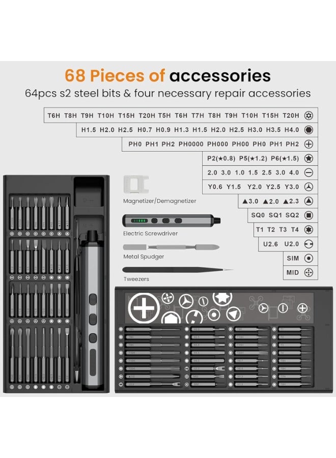 MAKINGTEC Electric Precision Screwdriver Set 68 in 1, Battery Precision Screwdriver Set with 64 Magnetic Multi-Bits, Cordless Hand Tools Kit for Phone Camera Laptop Watch Glasses and More - Image 2